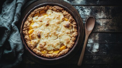 Homemade Peach Cobbler Fresh From the Oven on a Wooden Table With a Side Spoon and Kitchen Towel