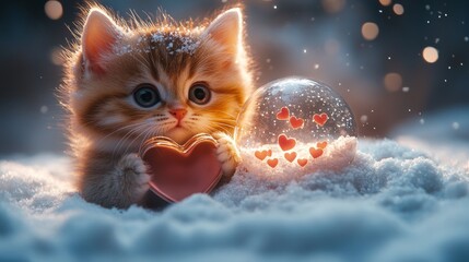 Adorable kitten holding heart in snowy wonderland captured moment cozy environment heartwarming concept playful viewpoint