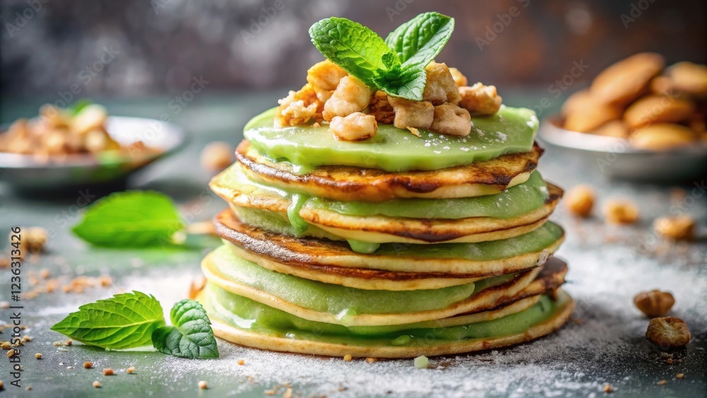 Poster a stack of buttery pancakes drizzled with green glaze and topped with fresh mint and crunchy crumble