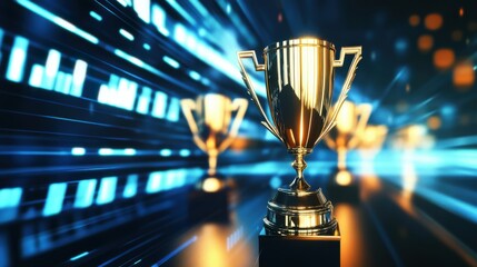 An abstract arrangement of virtual trophies floating in a digital space, Virtual trophy showcase scene, Abstract style