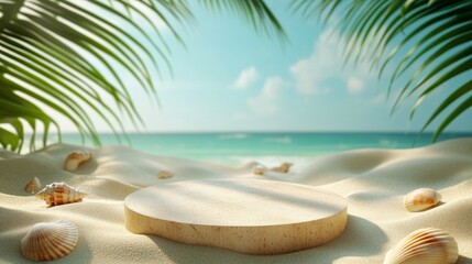 Obraz premium Natural Display Podium Surrounded by Tropical Plants and Seashells in a Serene Environment
