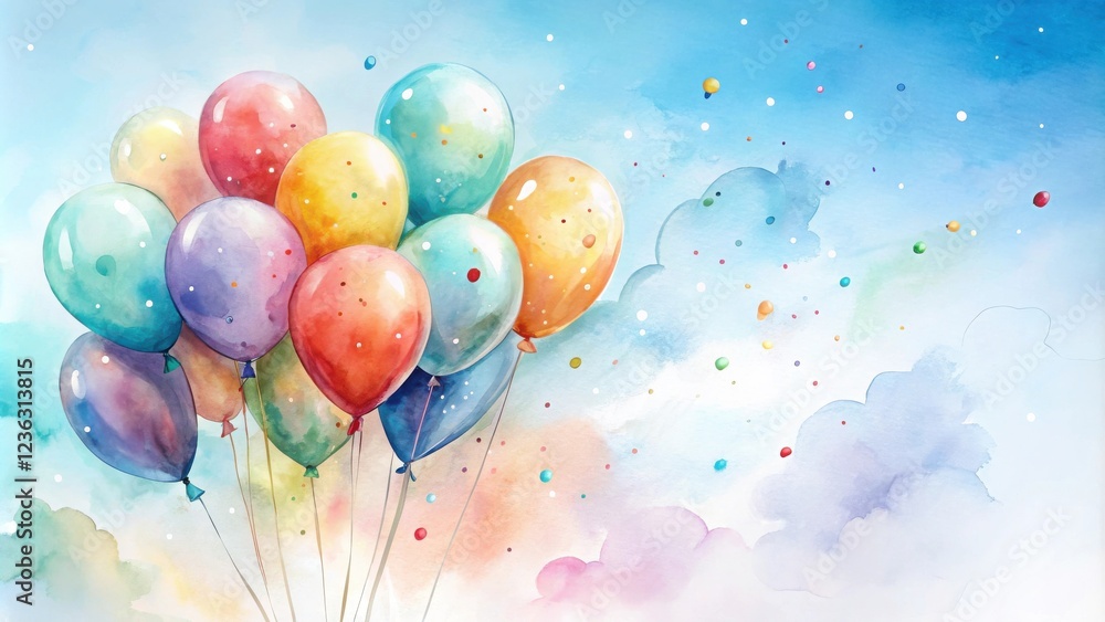 Aufkleber a watercolor painting of colorful balloons floating in a sky with scattered confetti and clouds.
