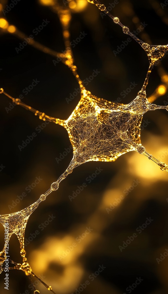Poster golden network of lines and polygonal connections, nodes and edges, abstract background