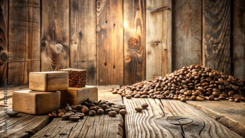 Aufkleber a rustic wooden background with a pile of coffee beans and a stack of wooden blocks, showcasing a co