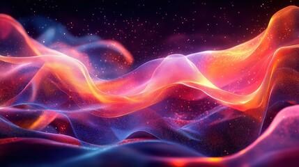 Abstract glowing waves, digital art, dark background, cosmic dust, website design
