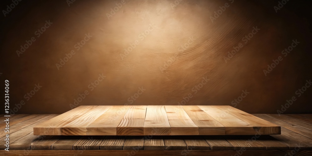 Aufkleber a rustic wooden table with a single spotlight shining down on it in front of a textured brown wall