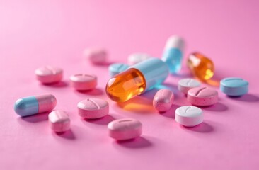 an assortment of vibrant pills and capsules on a pink surface
