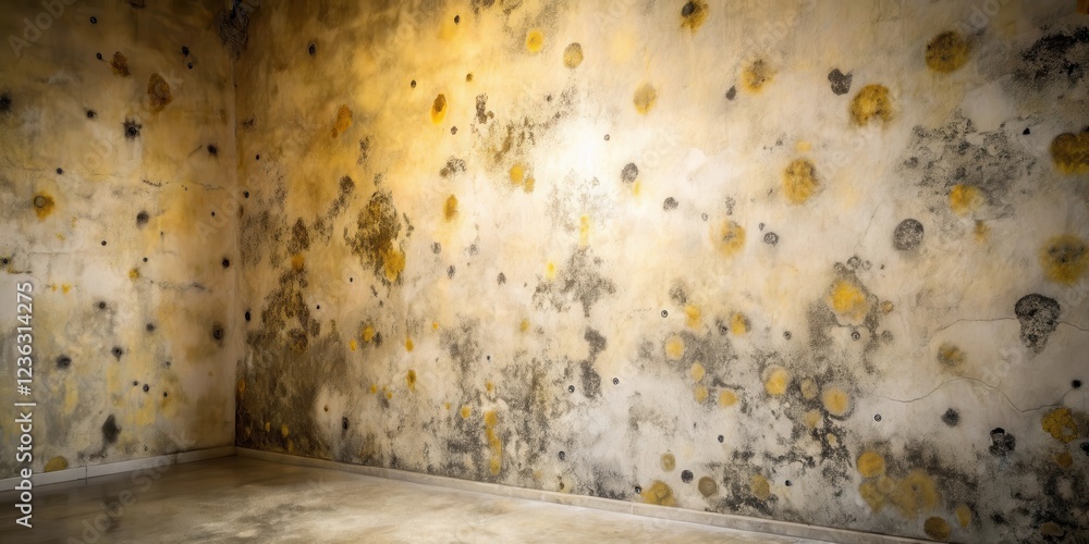Aufkleber A corner of a room with a wall covered in a layer of yellow and black discoloration from water damage and time, creating an abstract pattern of texture and decay.