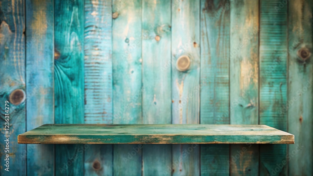 Poster rustic wooden shelf displaying a blank space against a weathered teal plank wall