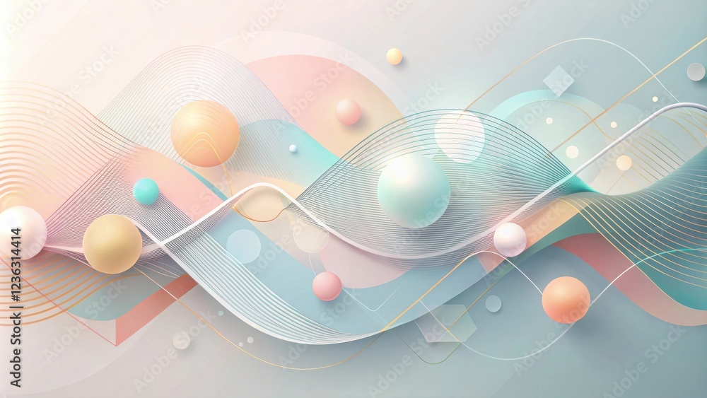 Poster abstract pastel wave background with 3d spheres and geometric shapes
