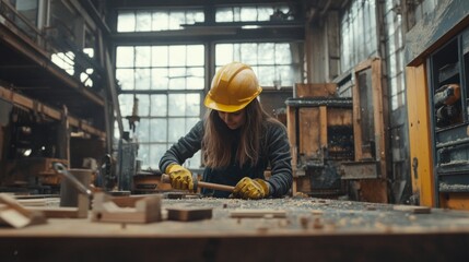Woodworking action by female carpenter in industrial workshop detailed craftsmanship in a rustic environment focused viewpoint on skilled labor