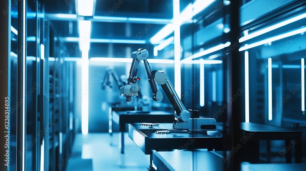 Poster futuristic robotic arms in a blue lit laboratory setting with a sense of automation and precision