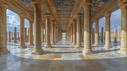 Ancient colonnaded hall, sunny day, desert setting, intricate ceiling designs