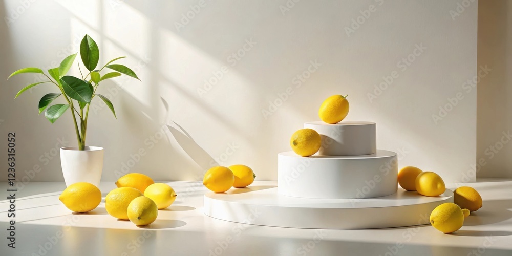 Poster a minimalistic still life featuring a trio of white circular platforms adorned with a cluster of rip