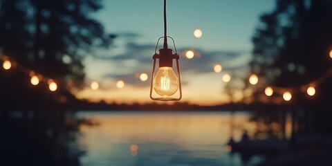 Illuminated hanging bulb with sunset and a lake backdrop with blurred string lights.
