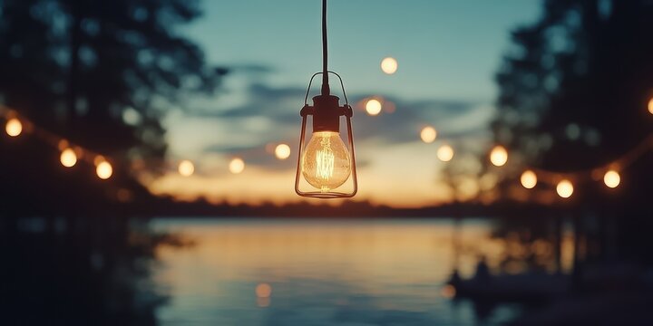 Illuminated hanging bulb with sunset and a lake backdrop with blurred string lights.