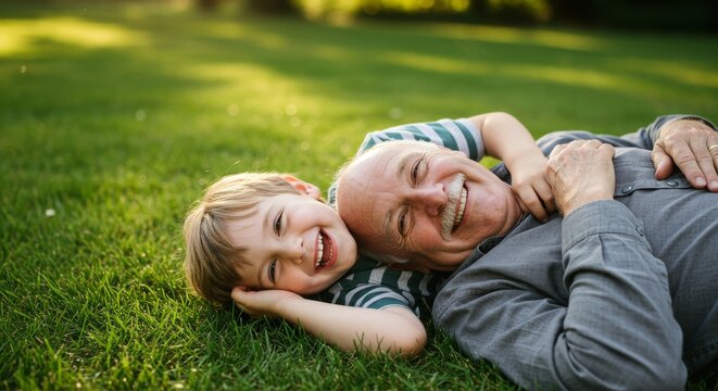 Happy Grandfather and Grandchild Playing on Grass