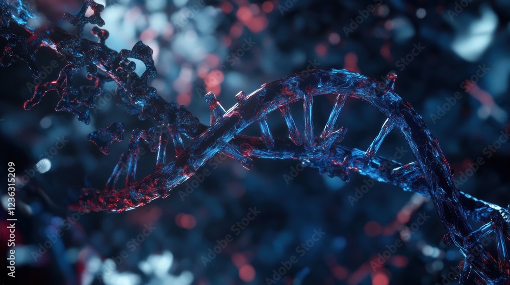 Poster abstract dna helix structure with red and blue glowing particle details