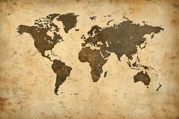 Fototapeta premium World map in dark tones on vintage paper background, symbolizing global geography, travel, and history.