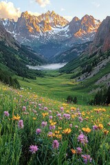 Majestic Mountain Valley Wildflower Meadow Sunset