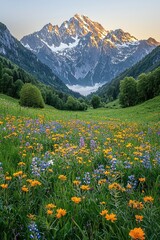 Fototapeta premium Majestic Mountain Sunrise Over Wildflower Meadow
