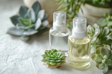 Succulents and Skincare Bottles Background