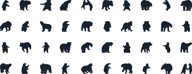 Bear silhouette, various poses of bear, standing, walking, sitting, wildlife, nature, animal, black, outline, wild, mammal, grizzly bear collection