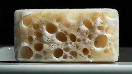 Close-up of porous sponge, kitchen surface, dark background, cleaning