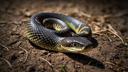 Obraz premium Close-up of a Black-and-Yellow Snake on the Ground