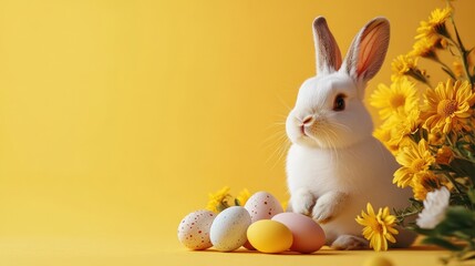 Adorable Rabbit Sitting Amidst Easter Eggs and Blossoming Flowers