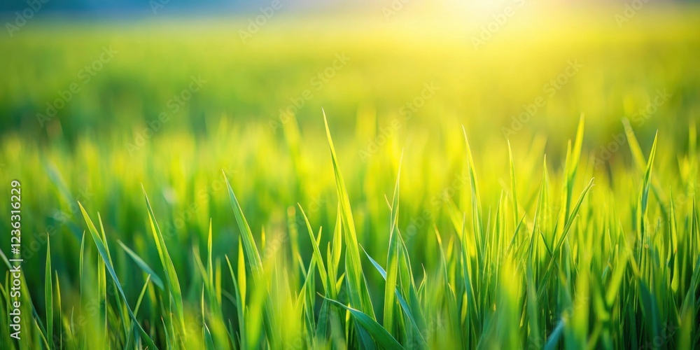 Poster A close-up view of tall green grass blades illuminated by the warm glow of the setting sun, creating a vibrant and peaceful scene.