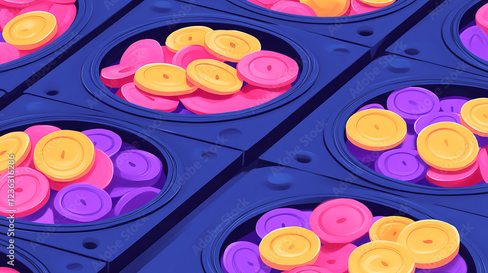 Poster colorful circular tokens display abstract digital art vibrant background modern graphic design close