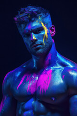 Young man painted in fluorescent paint on face and muscular torso, in studio shot with UV light