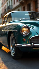 A classic vintage car gleams in the warm sunlight on a charming city street, showcasing its elegant curves and detailed chrome against a soft pastel backdrop