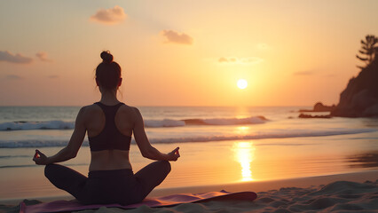 A woman practices yoga on a beach at sunset, exuding tranquility and mindfulness as the waves gently lap at the shore