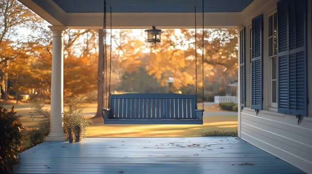 A blue porch swing is hanging from a porch