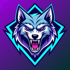 Fototapeta premium A fierce and modern e-sports logo featuring a roaring cybernetic wolf head with neon blue and purple highlights, sharp angular lines, and a bold