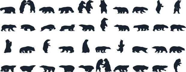 Bear silhouette, various poses of bear, standing, walking, sitting, wildlife, nature, animal, black, outline, wild, mammal, grizzly bear collection