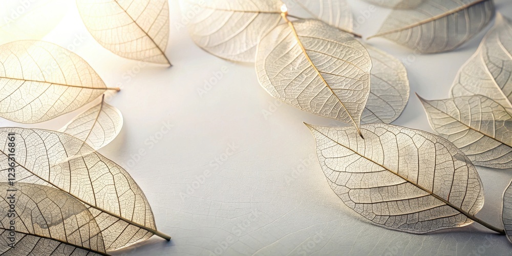 Fototapete delicate skeleton leaves arrange themselves in a gentle and elegant pattern on a smooth white surfac