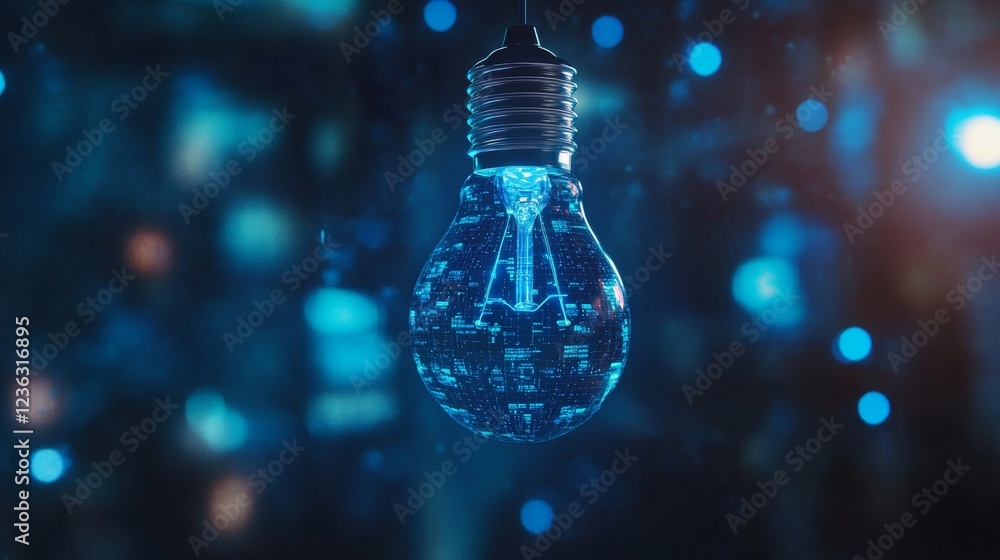 Poster illuminating the future high-tech light bulb with circuit patterns in a digital environment for inno