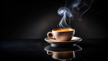 A steaming cup of coffee on a black surface, the rising vapor creating a whimsical, swirling pattern against the dark background.
