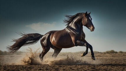 Dark Bay Stallion Running,Dramatic Horse Photo