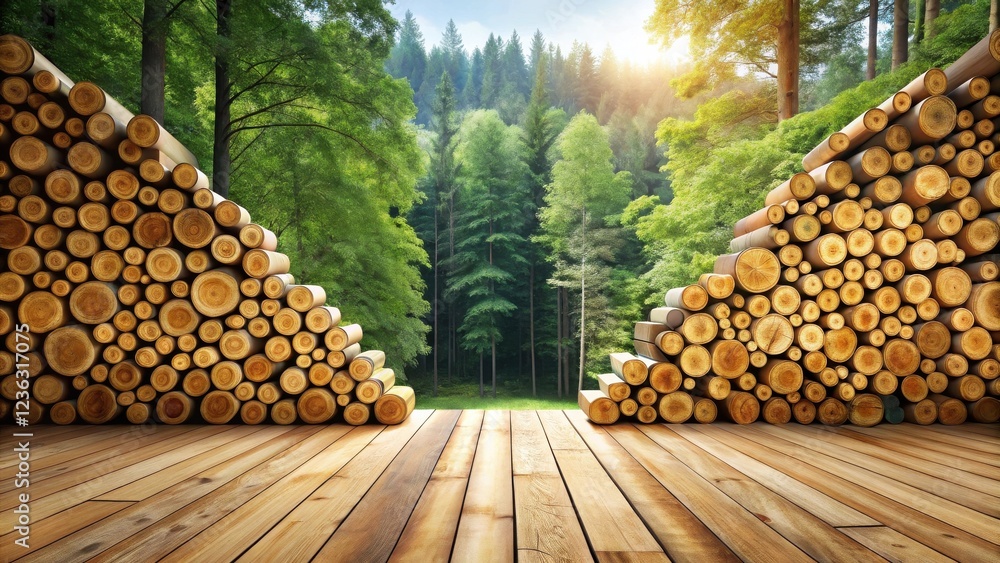 Poster A wooden platform with stacked logs on each side frames a view of a lush green forest.
