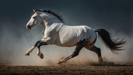 Obraz premium White Horse Running,Dust,Dynamic Pose