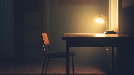 A dimly lit room with a table and chair illuminated by a desk lamp at night
