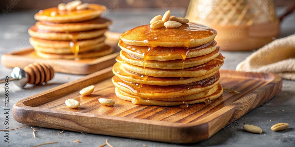 Poster A stack of golden brown pancakes drizzled with honey and topped with nuts, arranged on a rustic wooden tray with a blurred background.