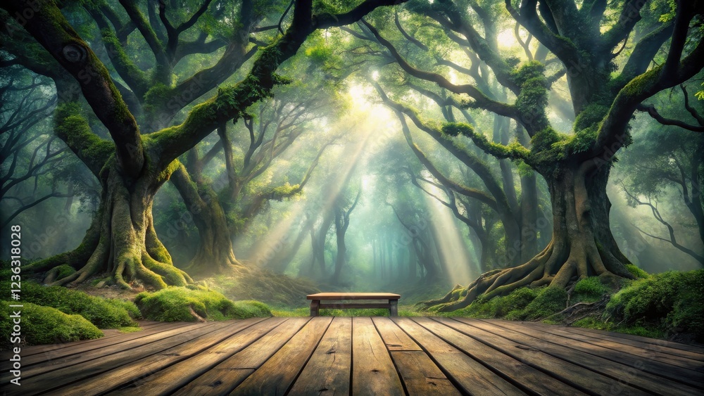 Poster Mystical Sunbeams Illuminate a Lush Forest Path with a Wooden Bench and a Pathway Leading Through the Trees