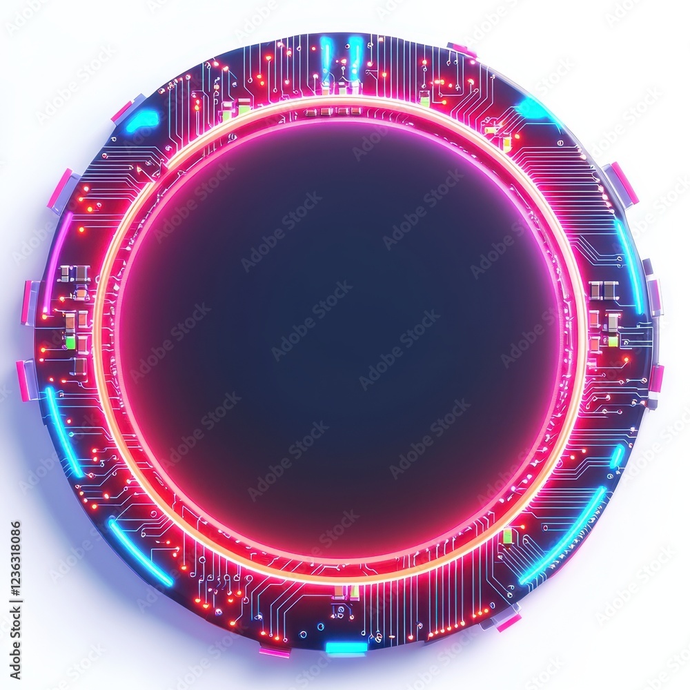 Poster futuristic circular tech interface with glowing neon lights and circuit board design