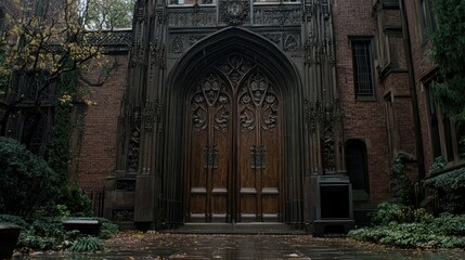 Gothic arched doors, autumnal campus courtyard, rain, education