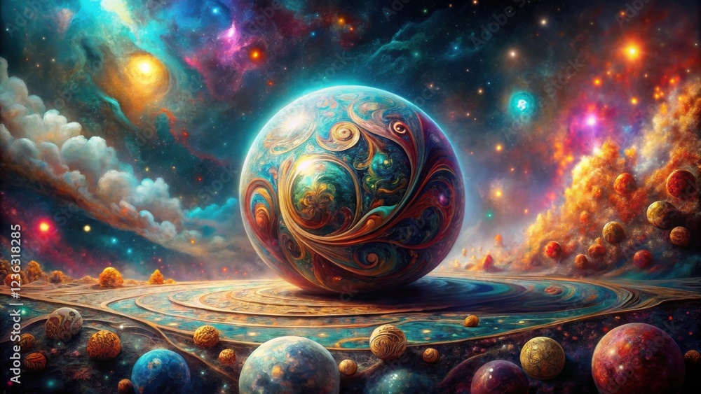 Poster a celestial sphere surrounded by nebulas and orbits of smaller planets in a dreamlike cosmic landsca